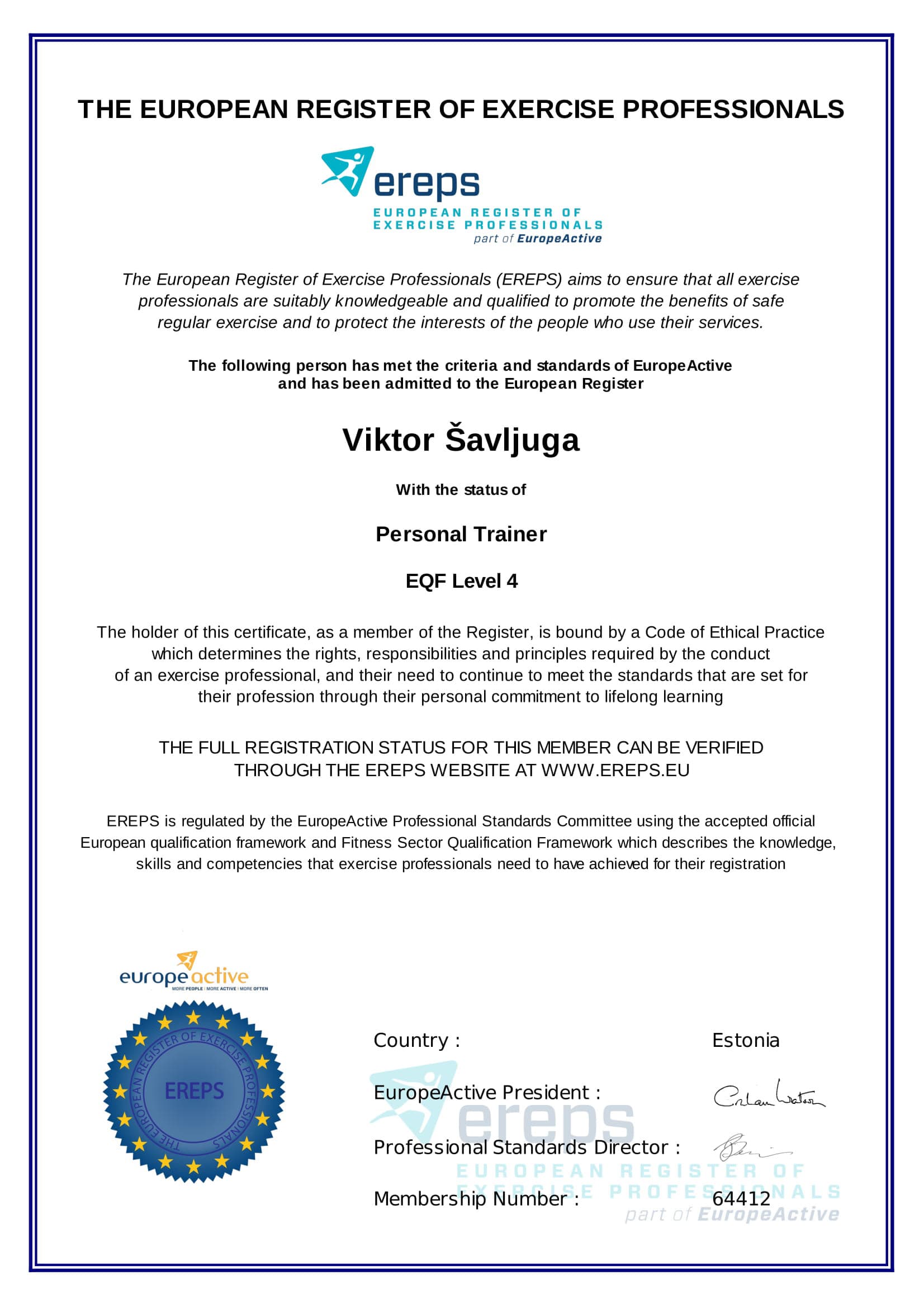 Сертификат Viktor Šavljuga — Personal Trainer, EQF Level 4